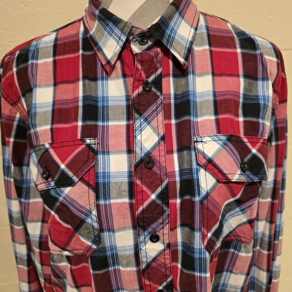 Carbon Western Red Blue Plaid Long Sleeve Button Down Shirt Men's Size M Medium - Picture 4 of 11
